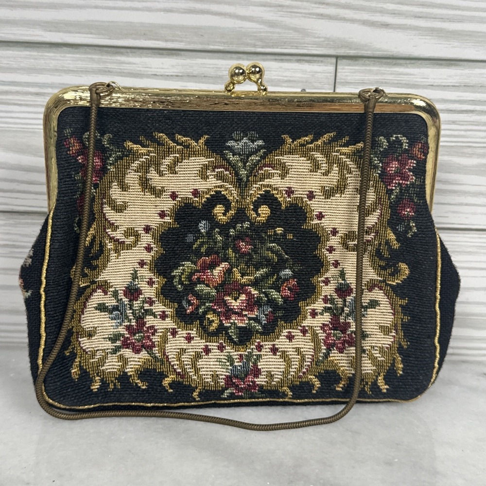 Vintage Tapestry Floral Clutch Purse/Evening Bag w/Gold Chain 6x5"